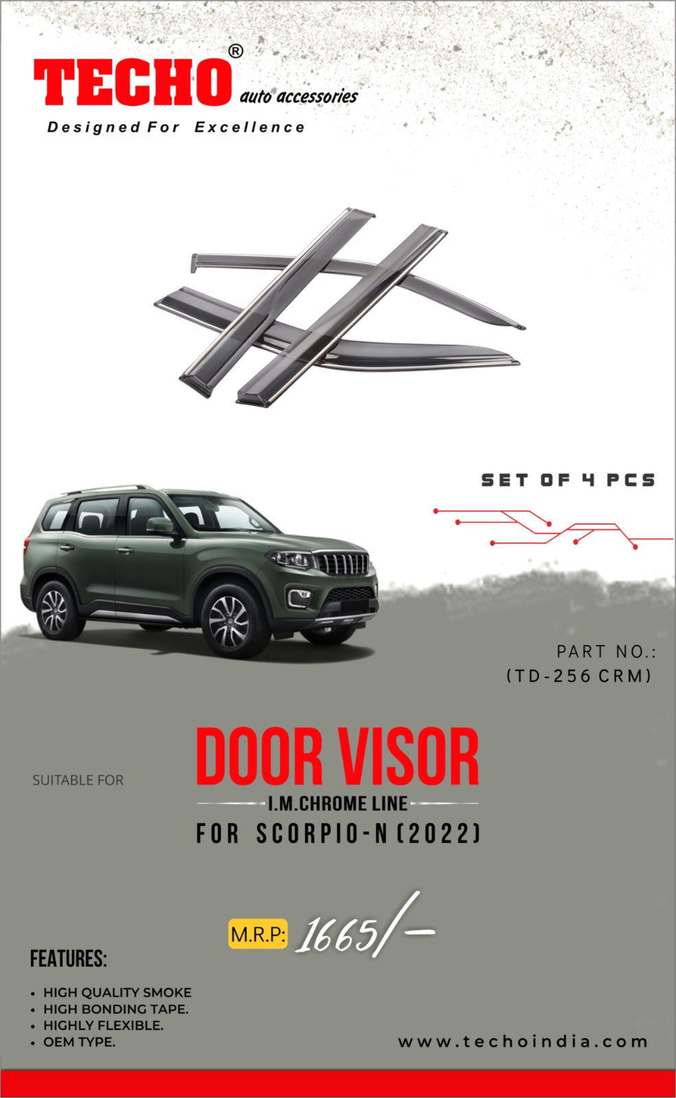 MAHINDRA SCORPIO-N CHROME LINE 2022 ONWARDS, SET OF 4 PCS  DOOR VISOR
