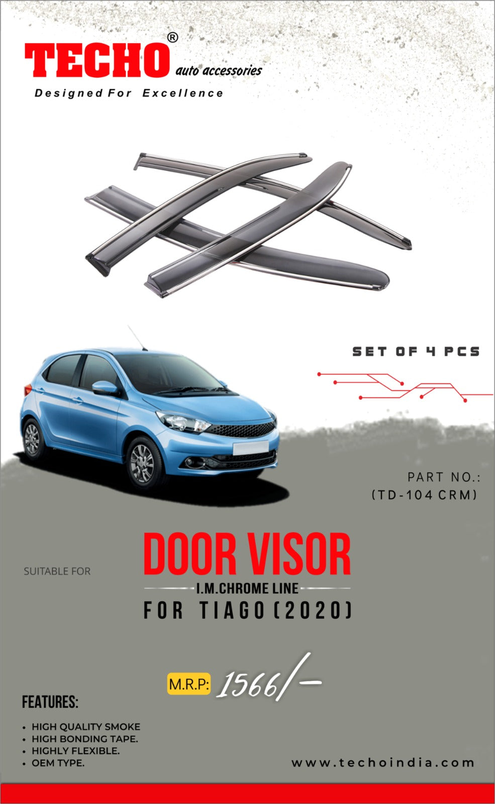 TATA TIAGO CHROME LINE 2020 ONWARDS, SET OF 4 PCS  DOOR VISOR