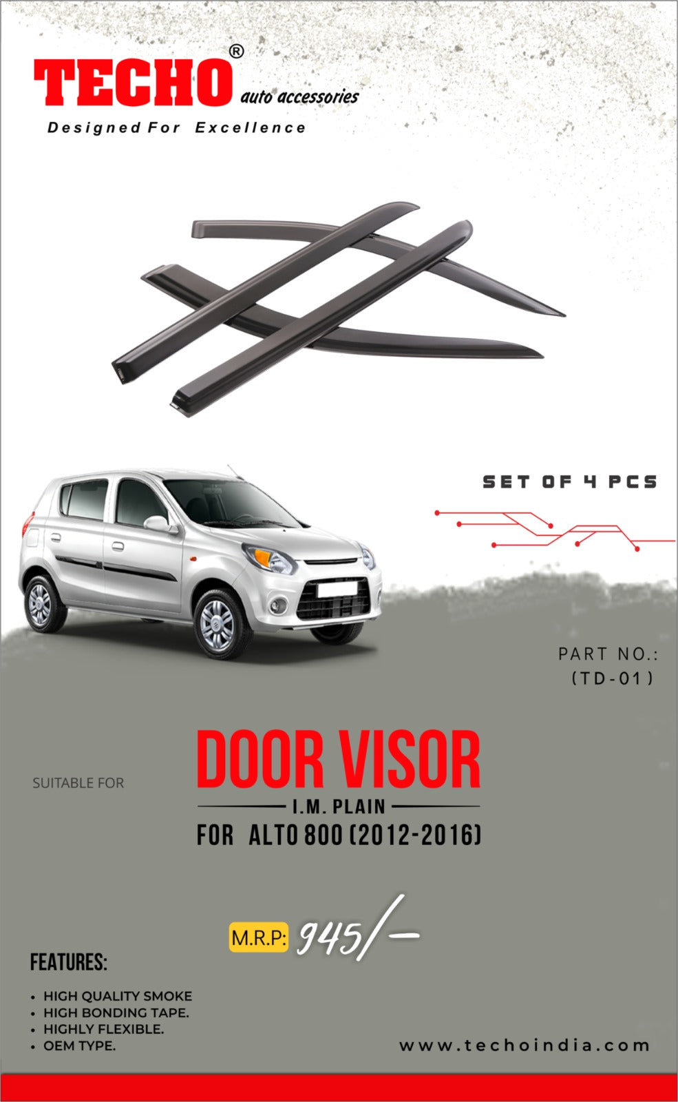 MARUTI ALTO 800 CHROME 2012-2016 ONWARDS, SET OF 4 PCS  DOOR VISOR