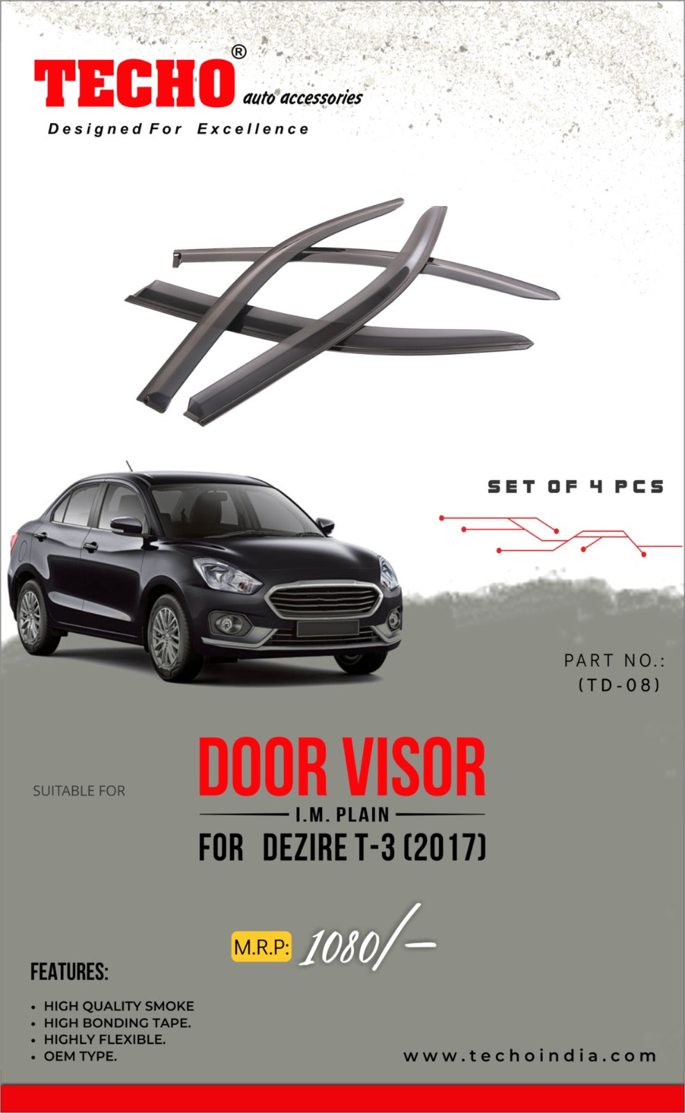 MARUTI DEZIRE 2017-2023, SET OF 4 PCS  DOOR VISOR